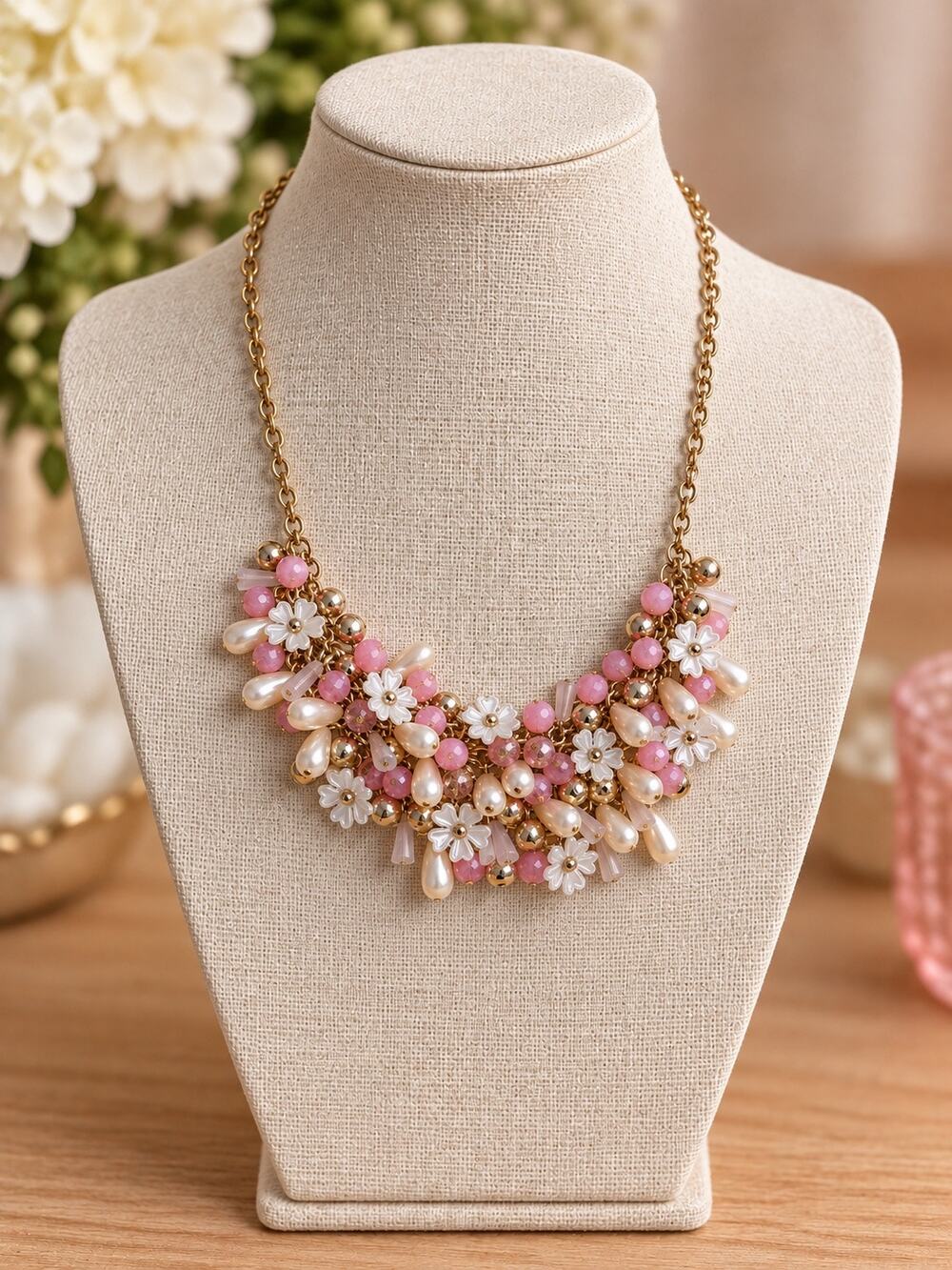 New York & Co. Gold Chain Beaded Bib Statement Necklace Pink White